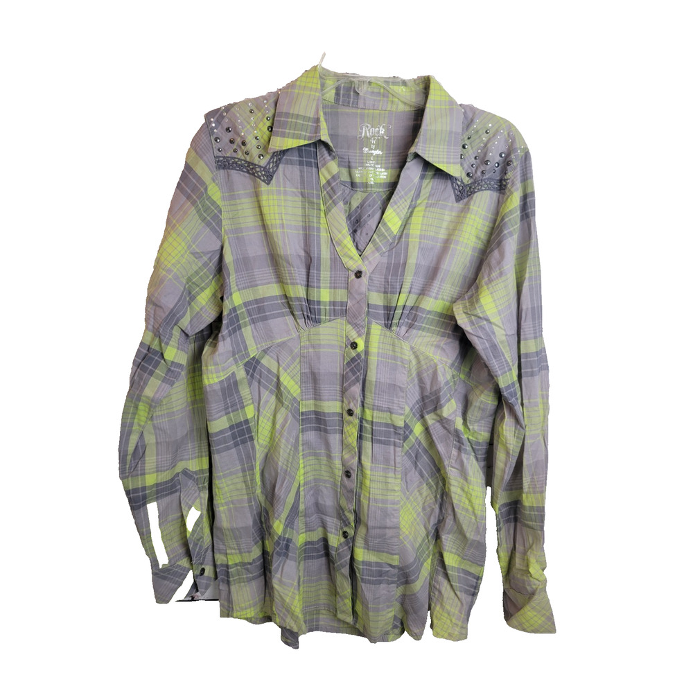 Wrangler Rock 47 Green Plaid Studded Western Button Up Shirt Women's Large
